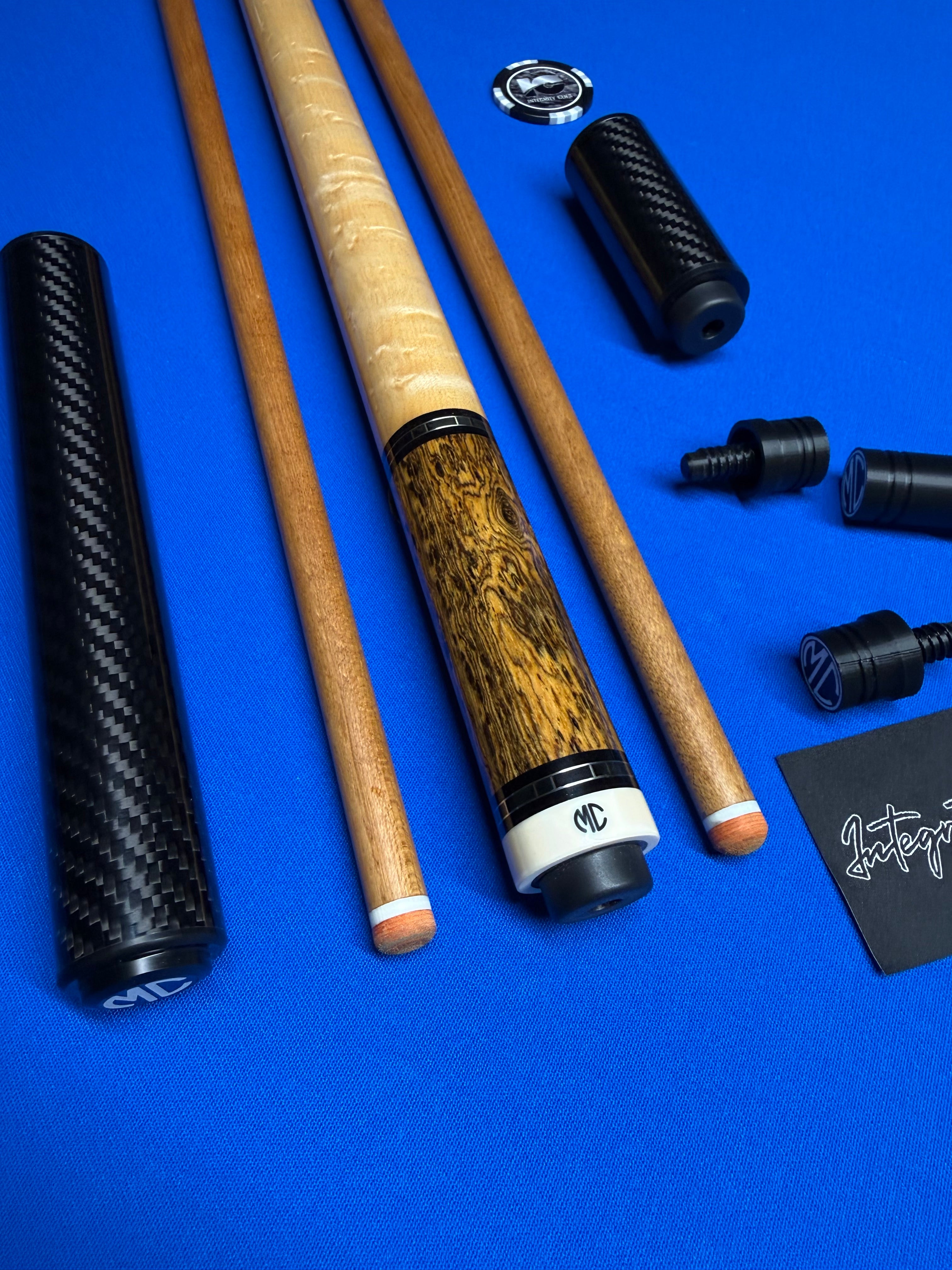 MC Custom Cues Wrapless Bocote and Maple W (2) Keilwood Shafts and (2) Extension