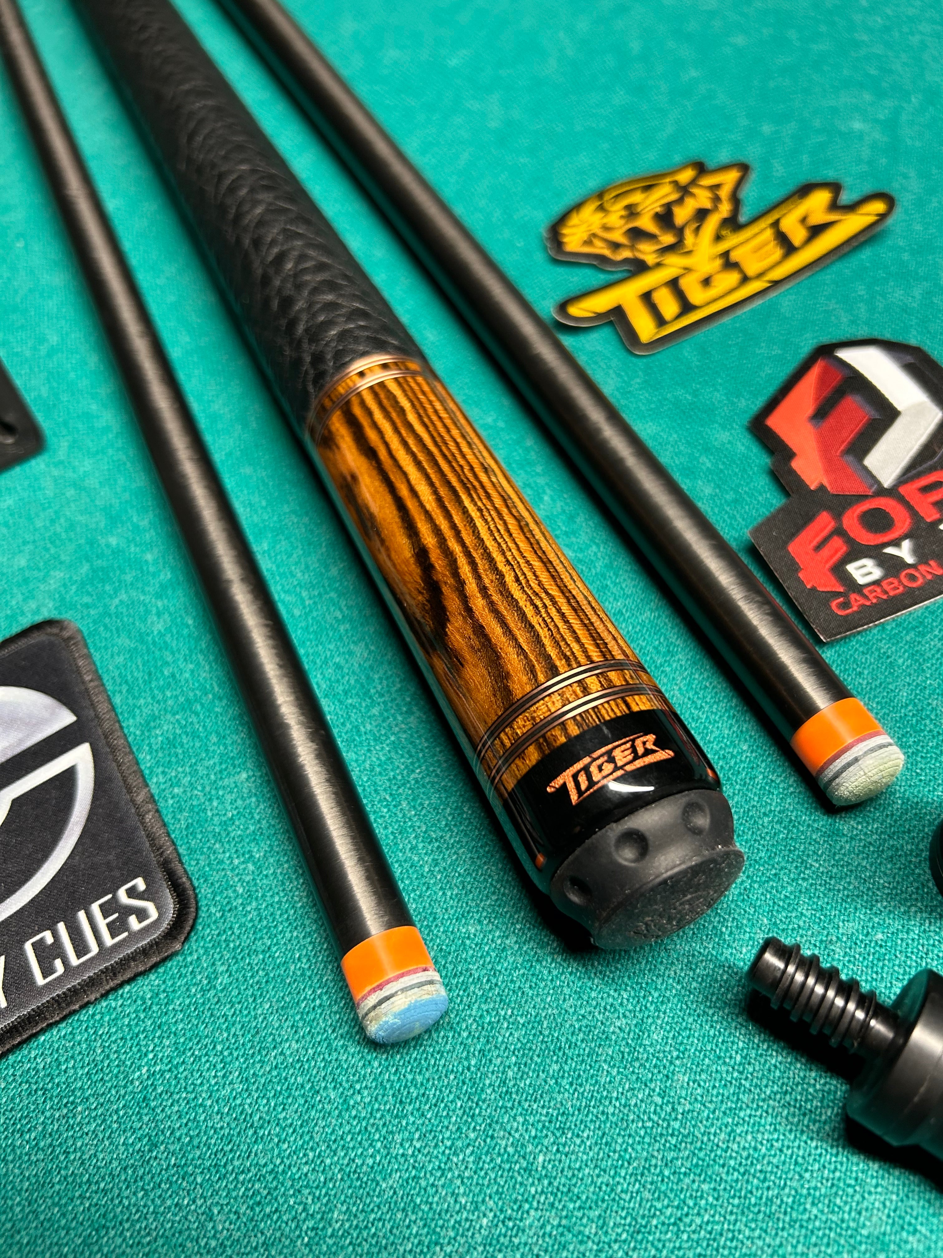 Full Custom 8 Point Tiger Cue made with (2) Incredible Woods, Ebony and Bocote, and Comes with (2) Fortis Carbon Shafts