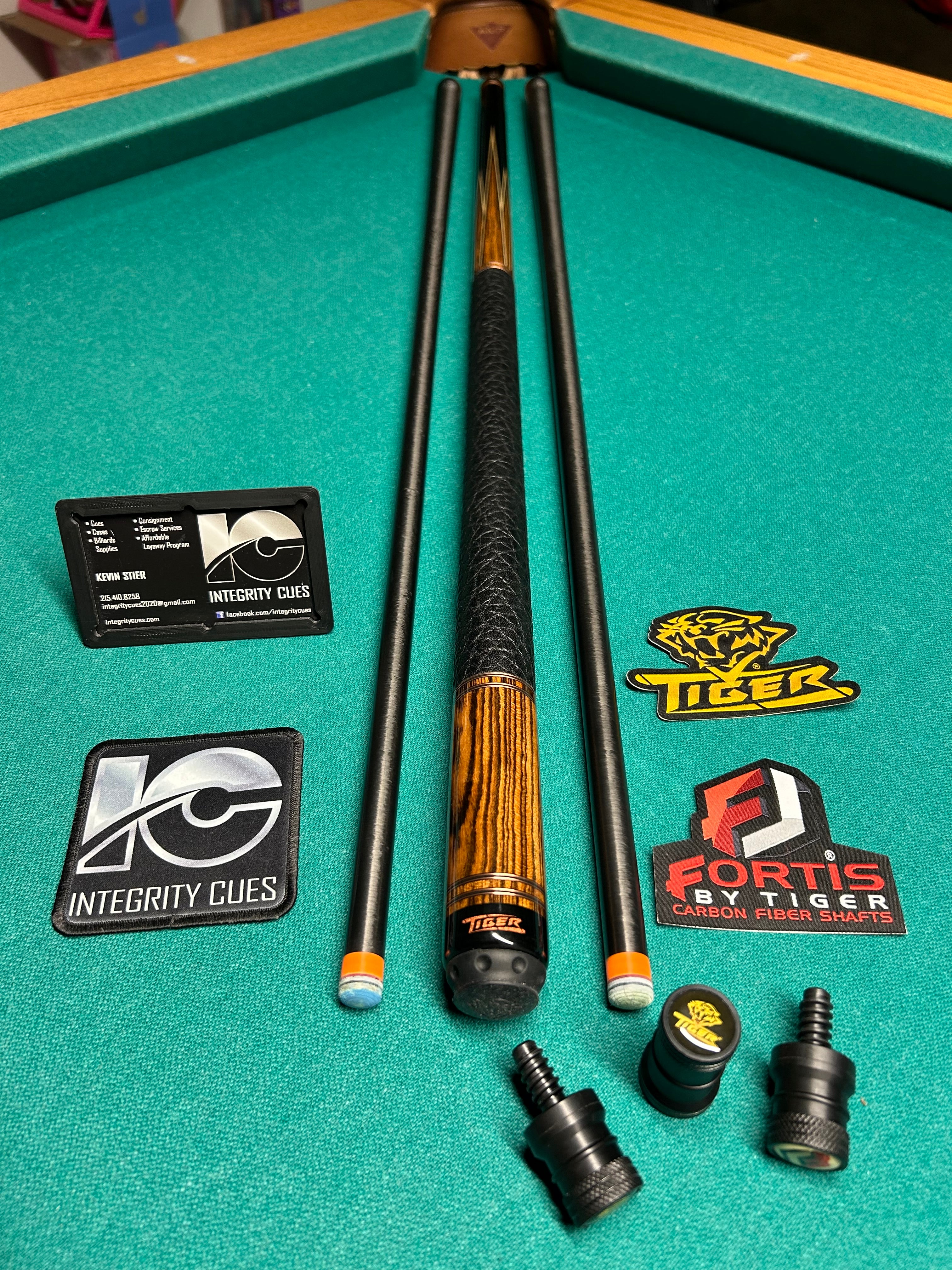 Full Custom 8 Point Tiger Cue made with (2) Incredible Woods, Ebony and Bocote, and Comes with (2) Fortis Carbon Shafts